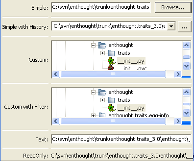 simple: text box with 'Browse' or '...' button; custom: file tree; text: text box; read-only: read-only