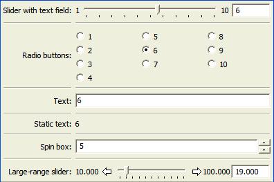 slider with text box; radio buttons; text box; static text; spin box; large-range slider