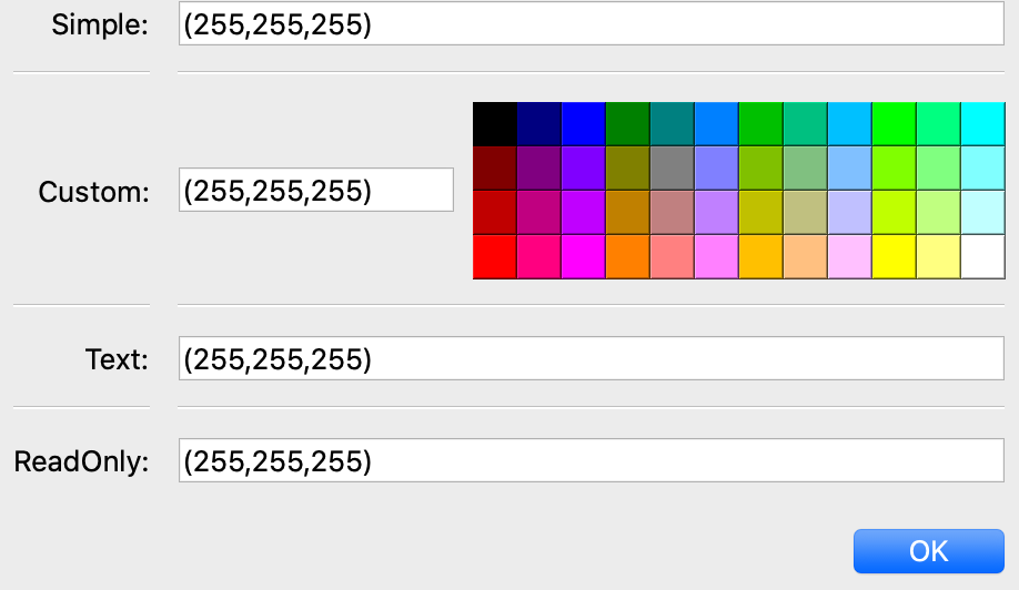 simple and text: colored text field; custom: color picker; read-only: colored field