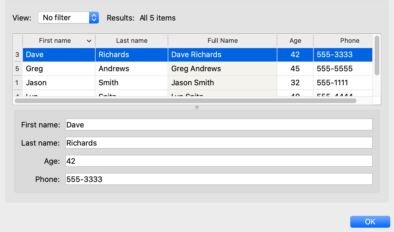 Table editor with toolbar and instance editor